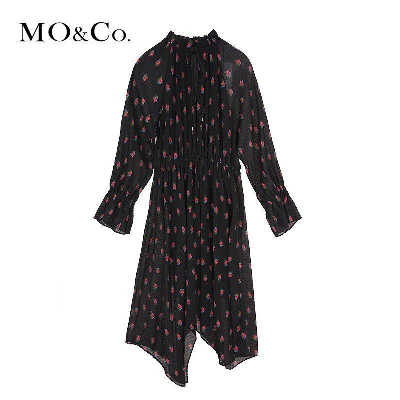 MOCO2018春季绑带不规则裙摆碎花连衣裙摩安珂_1 S/160 黑底混合印花色