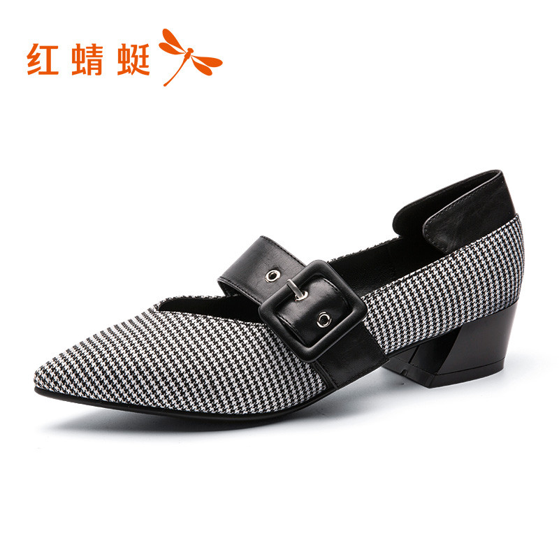 红蜻蜓女鞋2019春季新款简约格纹尖头浅口单鞋皮带扣复古正装鞋女 黑色 37码