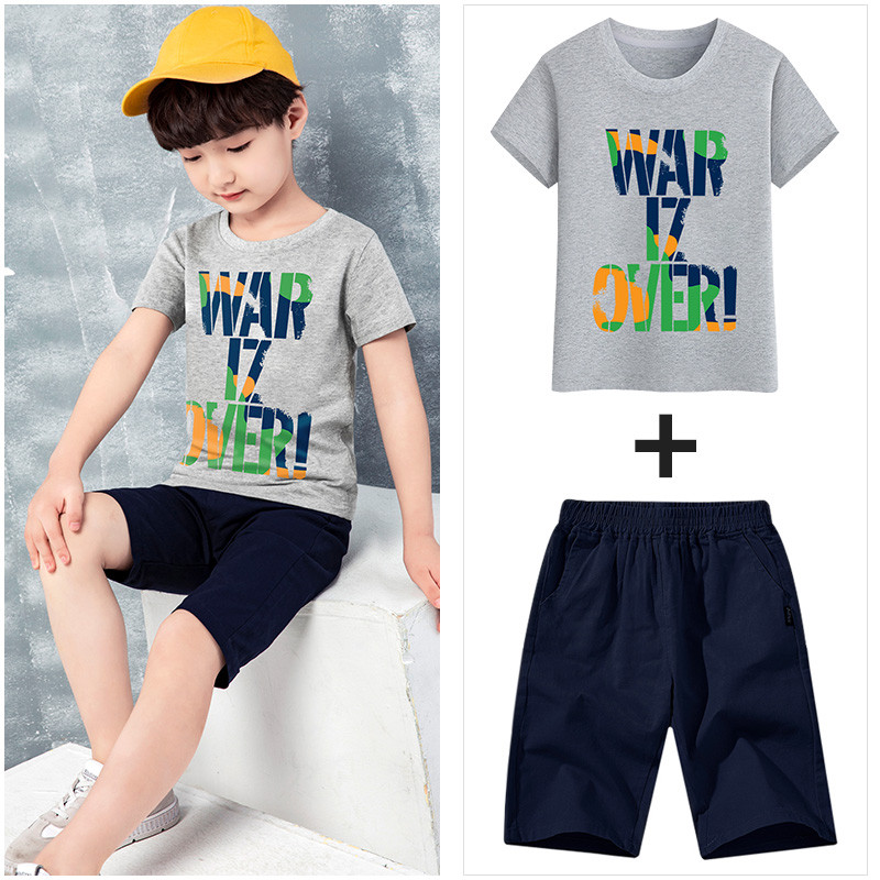 儿童男童夏季套装 2019新款男孩短袖中大童宝宝夏装运动两件套童装 160 W款灰+蓝裤