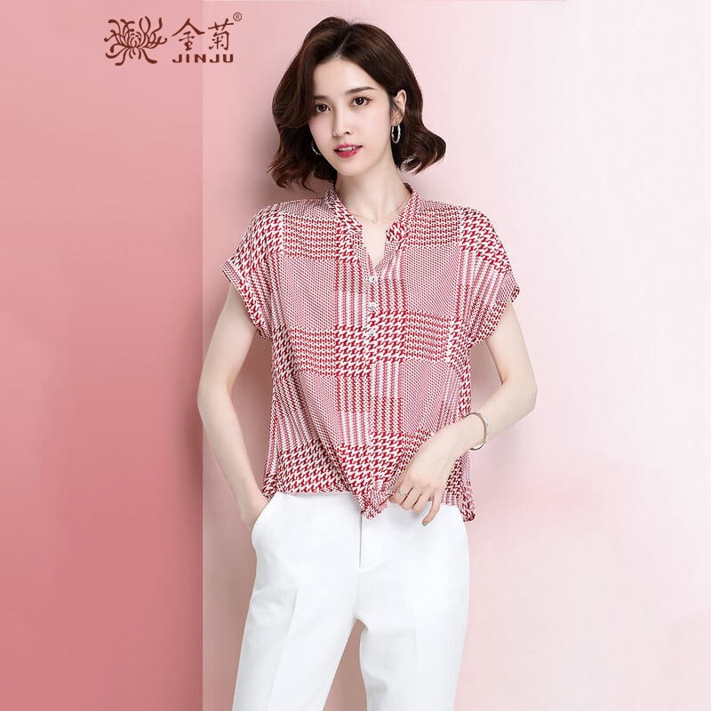 金菊2019夏季新款女装真丝印花上衣修身显瘦桑蚕丝衬衫女士短袖T恤 XXXL 红色