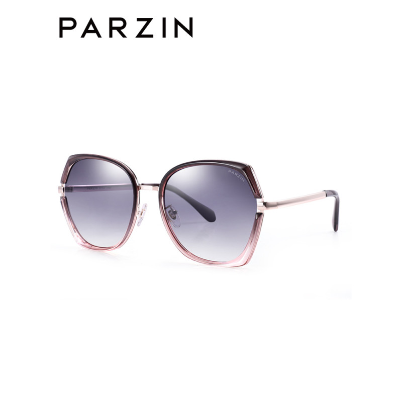 帕森(PARZIN)太阳镜女士 复古潮流金属大框眼镜 潮墨镜偏光驾驶镜 91605 透粉框渐灰片
