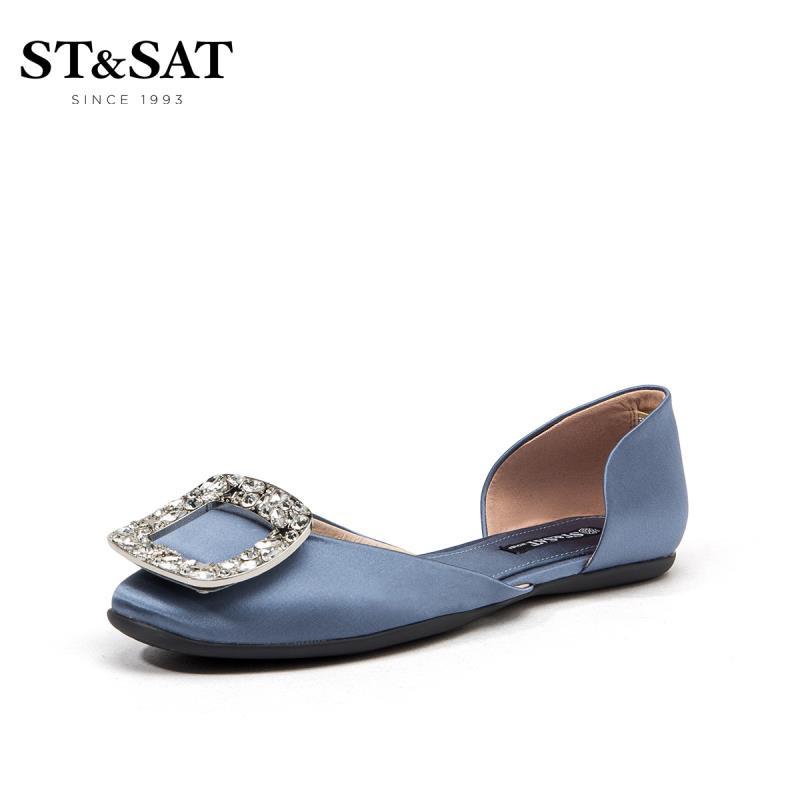 ST&SAT/星期六新款中空方头平底浅口单鞋女SS91114288 50蓝色 35码
