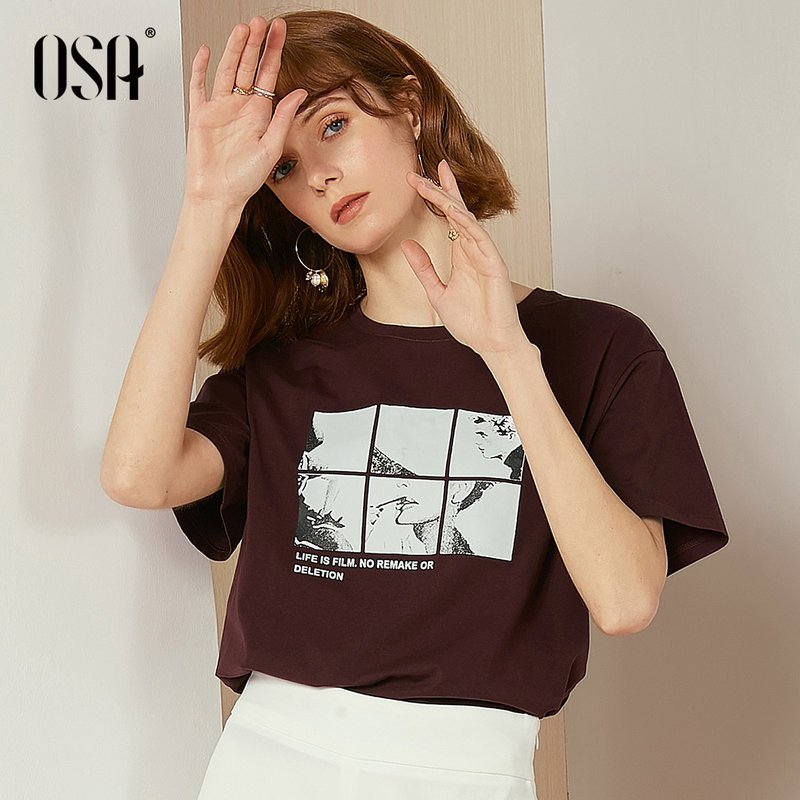 2019新款女装设计感印花上衣洋气港风短袖ins潮宽松T恤女 XL 咖啡色
