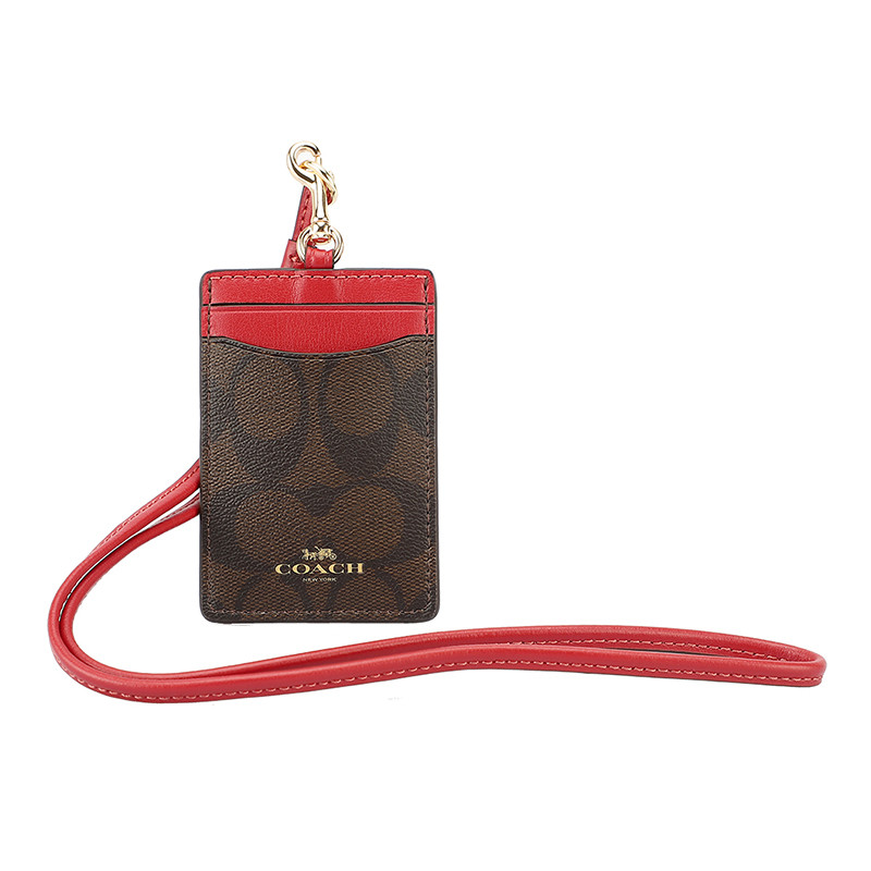 COACH 蔻驰 卡套 欧美时尚女士钱包挂脖证件卡套小型竖款卡包 深咖红色