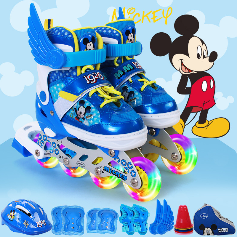 迪士尼全闪轮滑鞋套装 35-38（送头盔护具+轮滑包+小翅膀+路障） 蓝色米奇