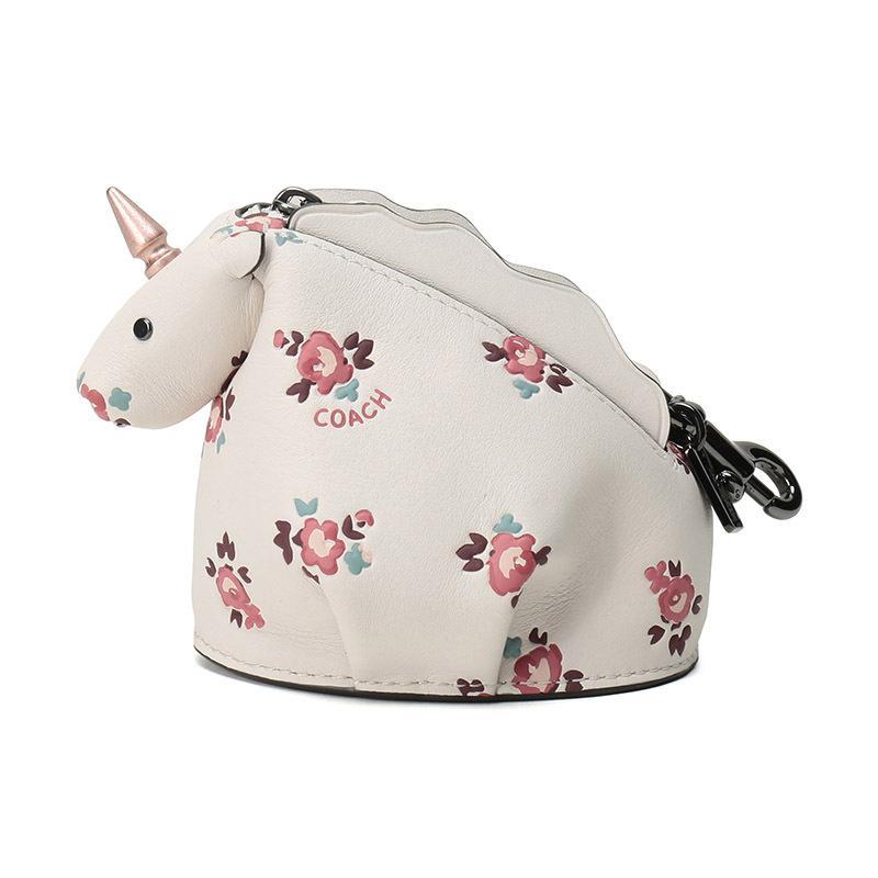 COACH蔻驰奢侈品女士印花图案皮革独角兽造型零钱包27129 DKCAH-粉白色