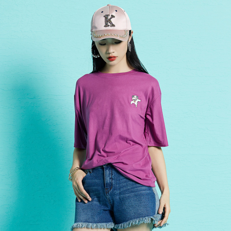 马克华菲女装2019夏季新款可爱印花百搭圆领短袖T恤 M 紫色