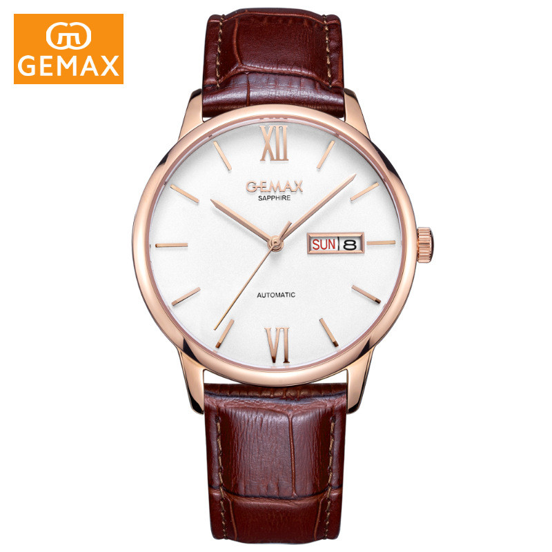 GEMAX/格玛仕正品防水自动机械手表情侣时尚品牌腕表MX2212 MX2212G#-男士玫壳啡带