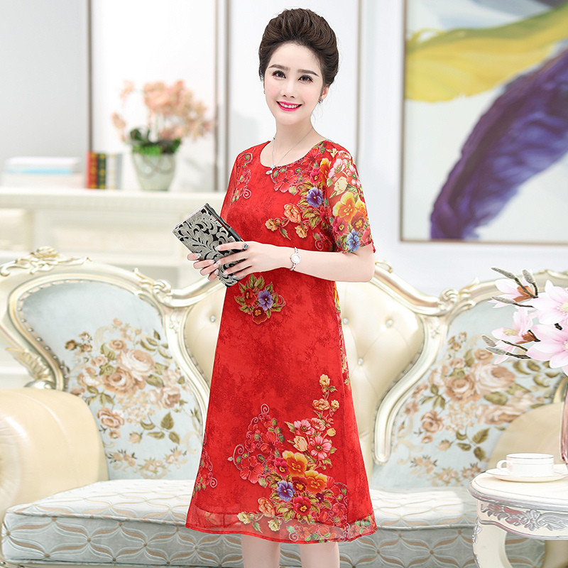 媛宿(YuanSu)妈妈装新款大码女士中长宽连衣裙中老年女装夏天防晒裙子6960 XXXXXL 红色