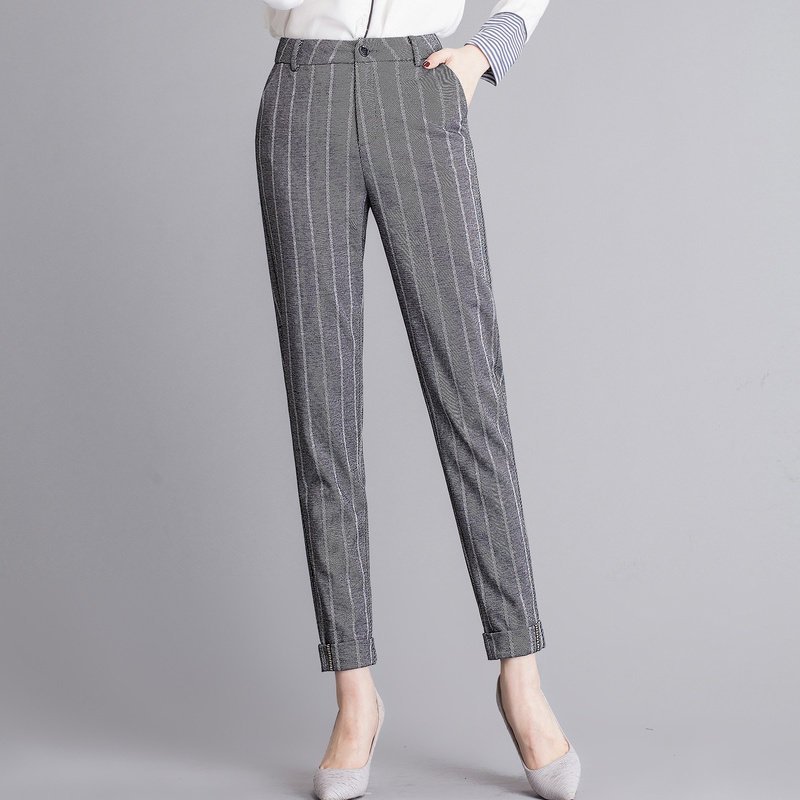 恒源祥高腰哈伦裤春季九分萝卜裤2019女裤黑色裤子宽松休闲裤条纹_3 160/68A AX1929首尔条