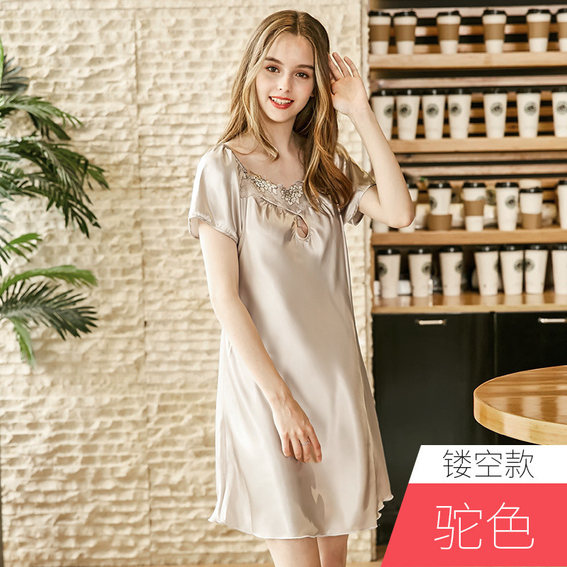 耀婷仿真丝睡衣女士夏季丝绸性感短袖睡裙女夏_2 L 驼色