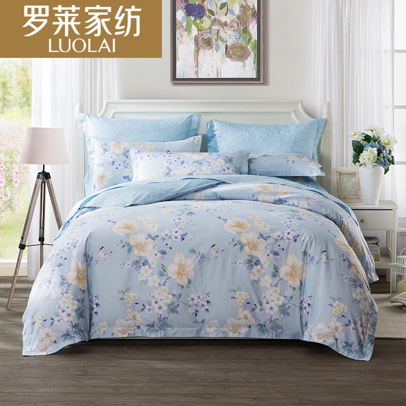 LUOLAI罗莱家纺 贡缎纯棉四件套全棉床品套件床上用品床单被套 梦苒花溪 1.5m床