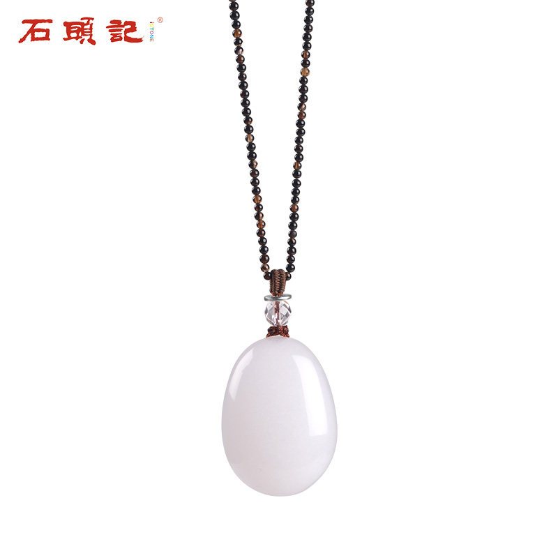 石头记灵雨串珠项链女天然玛瑙玉髓京白玉吊坠长款毛衣链百搭_3 C款黑玛瑙项链+京白玉吊坠118101912