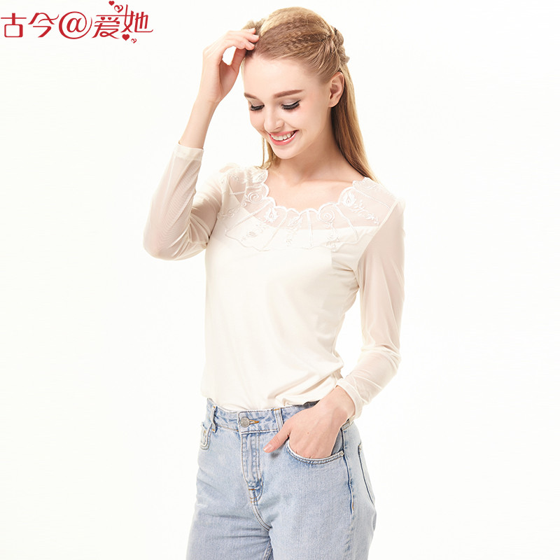 古今爱她刺绣花领口纱袖打底衫春夏休闲家居服长袖女3HT199 165(L) 白色