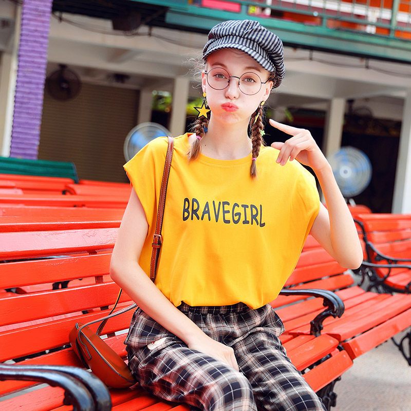 欧洲站新款无袖T恤女2019夏季韩版印花bf风背心宽松运动短袖上衣_1 M 黄色