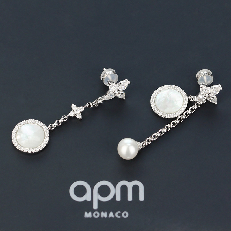 apm MONACO林志玲同款不对称母贝四叶草耳环银耳饰AE10043M 银色