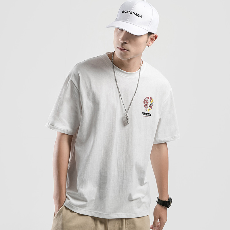 跨洋(KUAYANG)短袖t恤男2019夏季新款日系圆领印花体恤衫上衣 XXL 白色脸谱F235