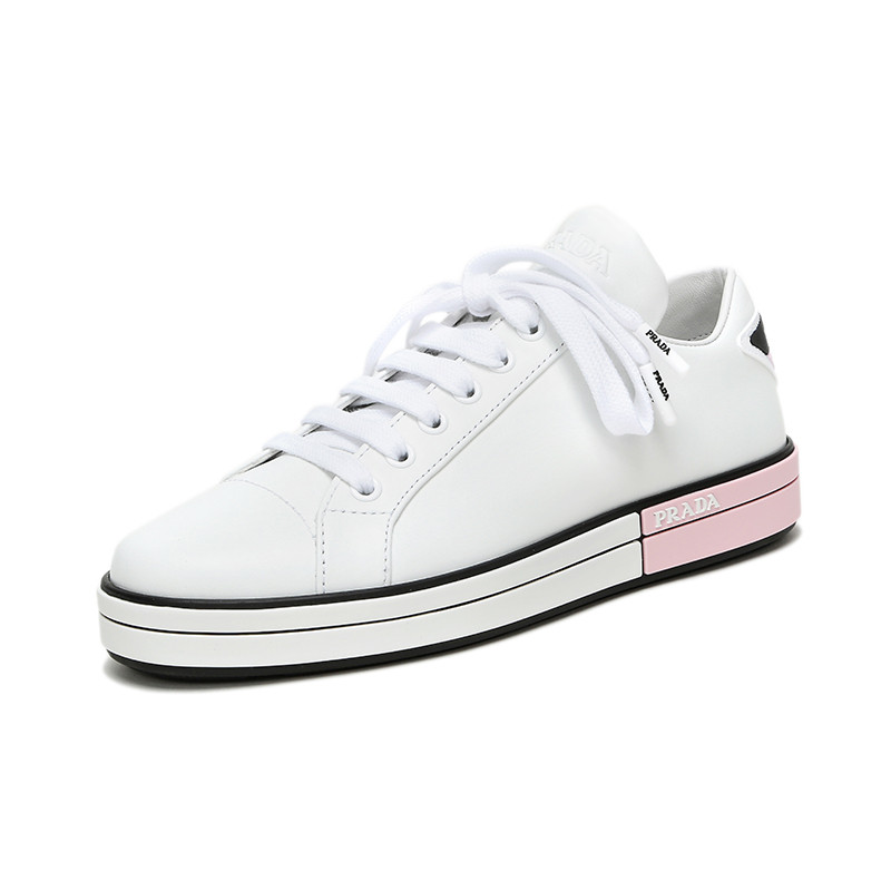 PRADA 普拉达 女士牛皮系带运动鞋板鞋 1E275L 3J8K F 005 35.5 F0E1Q-白色粉色
