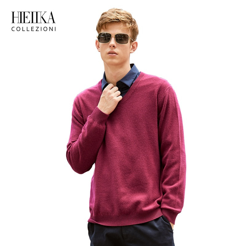 Hieiika 海一家2019秋季男士V领纯色保暖羊绒针织毛衣 暗红11 170/88A/M