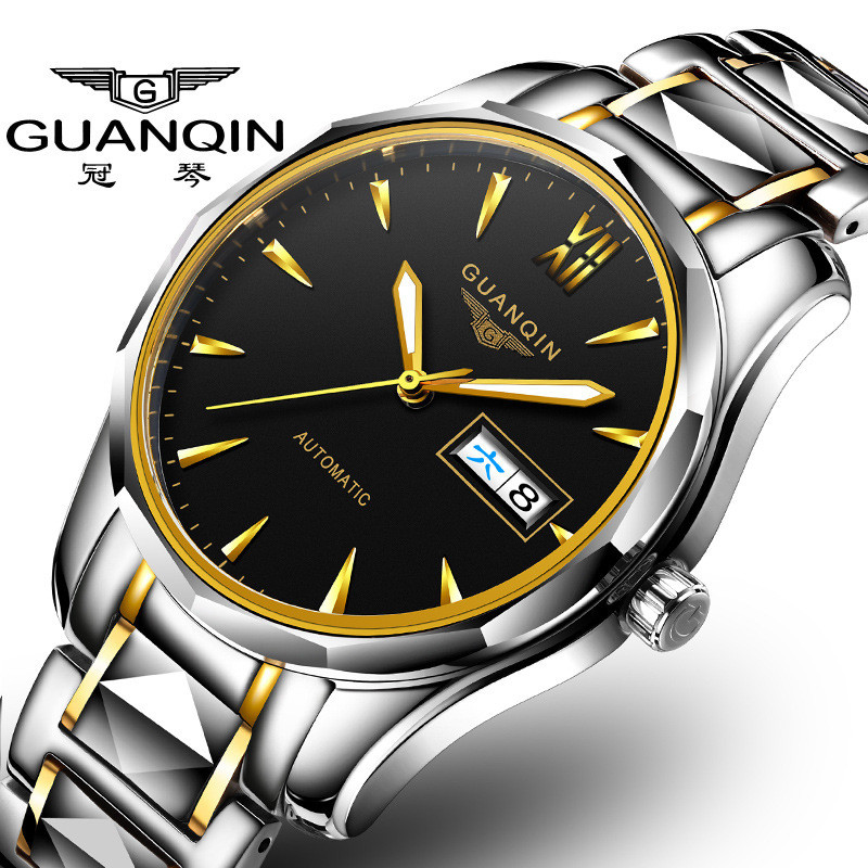 冠琴(GUANQIN)手表钨钢防水夜光全自动机械表男表进口机芯防水日历商务时尚腕表 间金黑面