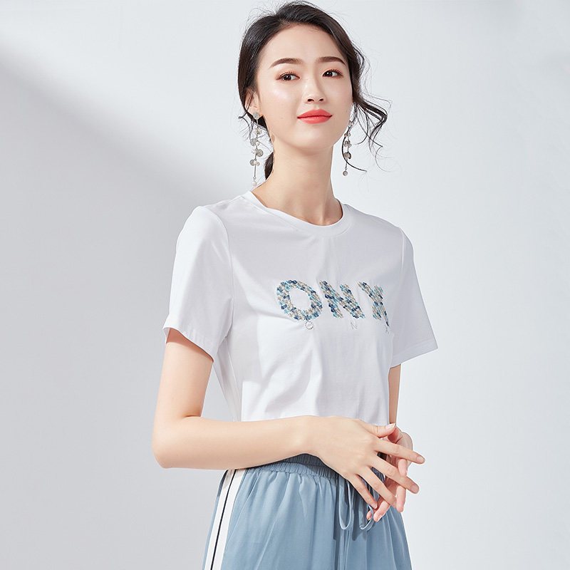 欧昵雪夏季韩版圆领套头字母绣花简约短袖T恤女宽松上衣 XL 白色