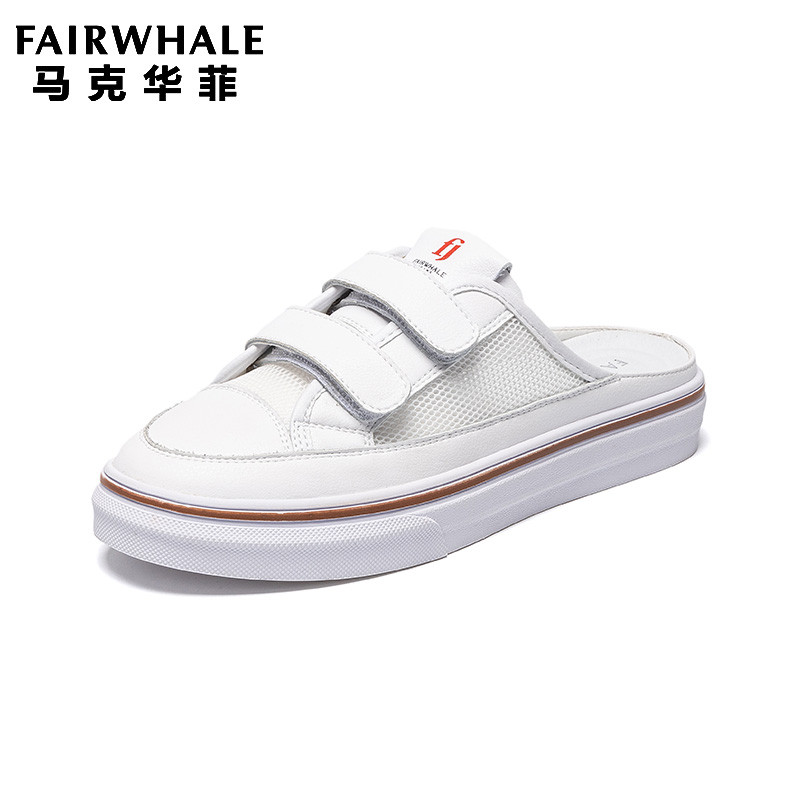 马克华菲女鞋2020夏季新款轻便透气网鞋一脚蹬懒人魔术贴休闲百搭凉拖鞋 本白 36码