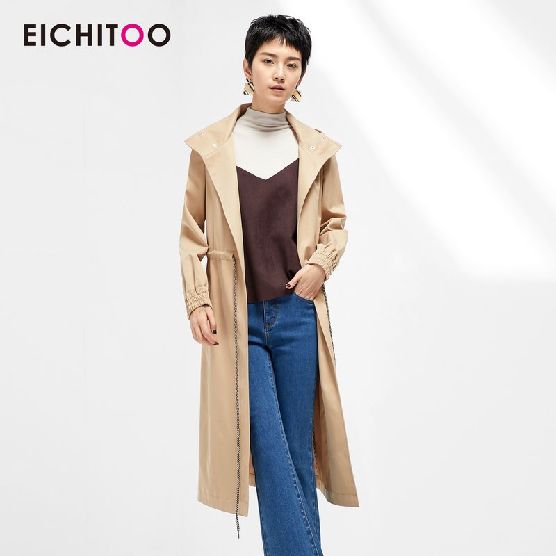 爱居兔春装2019女装外套时尚宽松连帽式长款风衣 170/92A/XL 卡其16