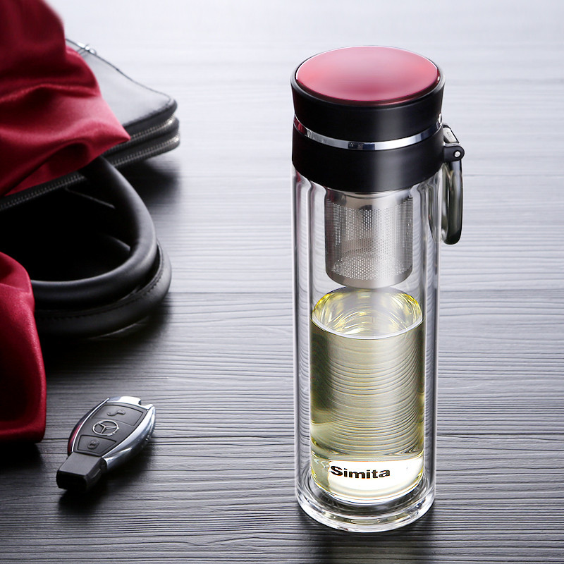 施密特玻璃杯双层水杯男女便携大容量泡茶杯带手提绳SG-038-23A 380ml. 红色