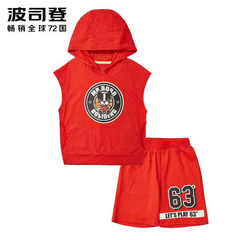 波司登童装夏季卡通印花连帽T恤运动短裤套装 150/72 大红色
