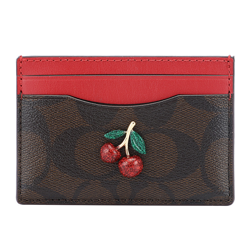 COACH 蔻驰 奢侈品 欧美时尚女士钱包休闲印花人造革卡包卡夹 深棕色樱桃款