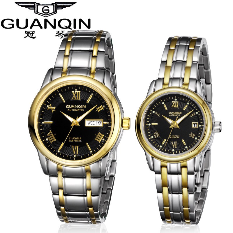 冠琴(GUANQIN)情侣表一对全自动机械表精钢带商务防水夜光情侣腕表 间金黑面对表