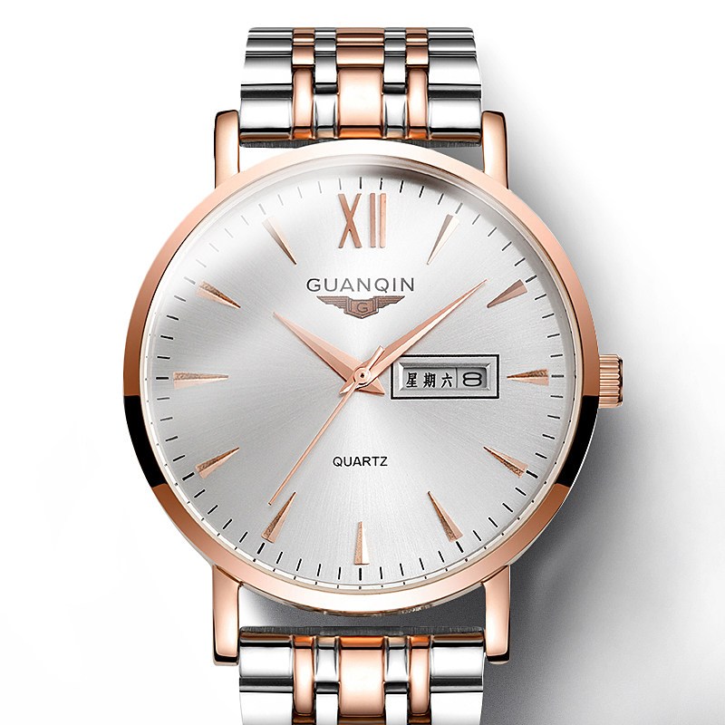 冠琴(GUANQIN)手表男简约潮流石英表商务休闲防水时尚腕表 玫金白面钢带