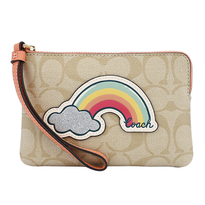 COACH 蔻驰 奢侈品 欧美时尚女士潮流印花款人造革短款手拿包零钱包女手包 浅卡其色彩虹款