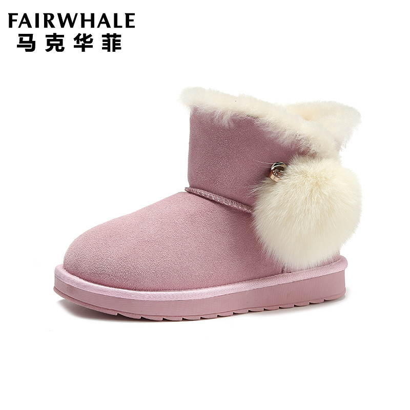 马克华菲女鞋2018冬季ins网红毛球雪地靴女反绒牛皮加绒加厚保暖可爱学生短靴 粉红 36码