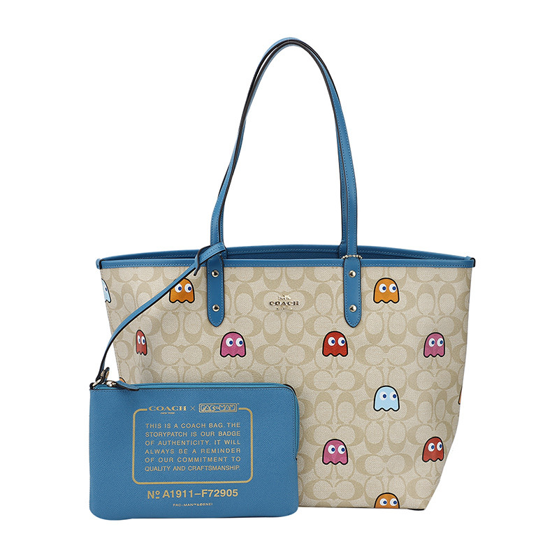 COACH 蔻驰 奢侈品 欧美时尚女士手提包浅卡其图案款人造革手提单肩双面托特包