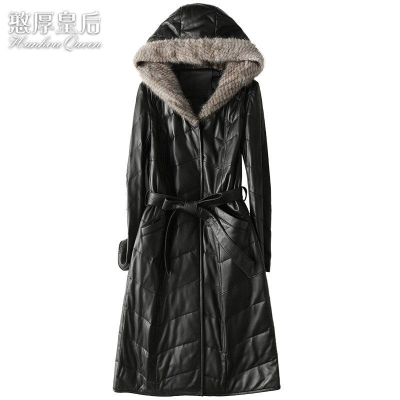 憨厚皇后2019海宁春季新款真皮绵羊皮女韩版时尚水貂毛羽绒外套X 2XL 黑色