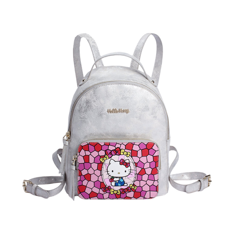 Hello Kitty凯蒂猫 拼色图案装饰女士双肩包 白色 白色