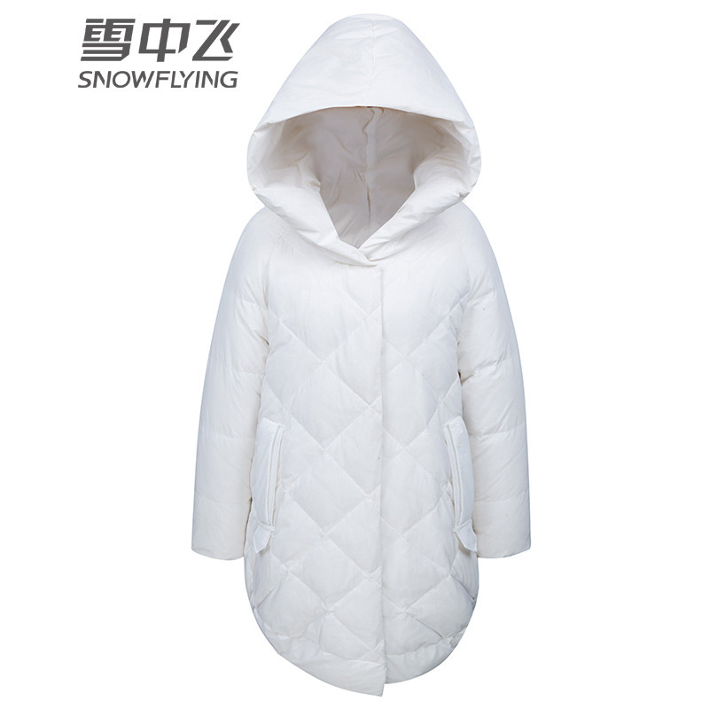 雪中飞羽绒服女中长款韩版宽松显瘦连帽白鸭绒反季清仓冬季外套潮 170 白色
