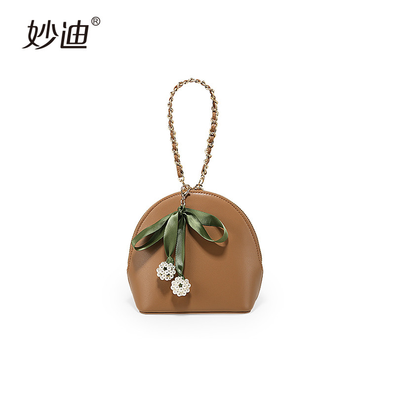 小清新丝巾珍珠贝壳包少女手拎斜挎小包包 浅树木棕