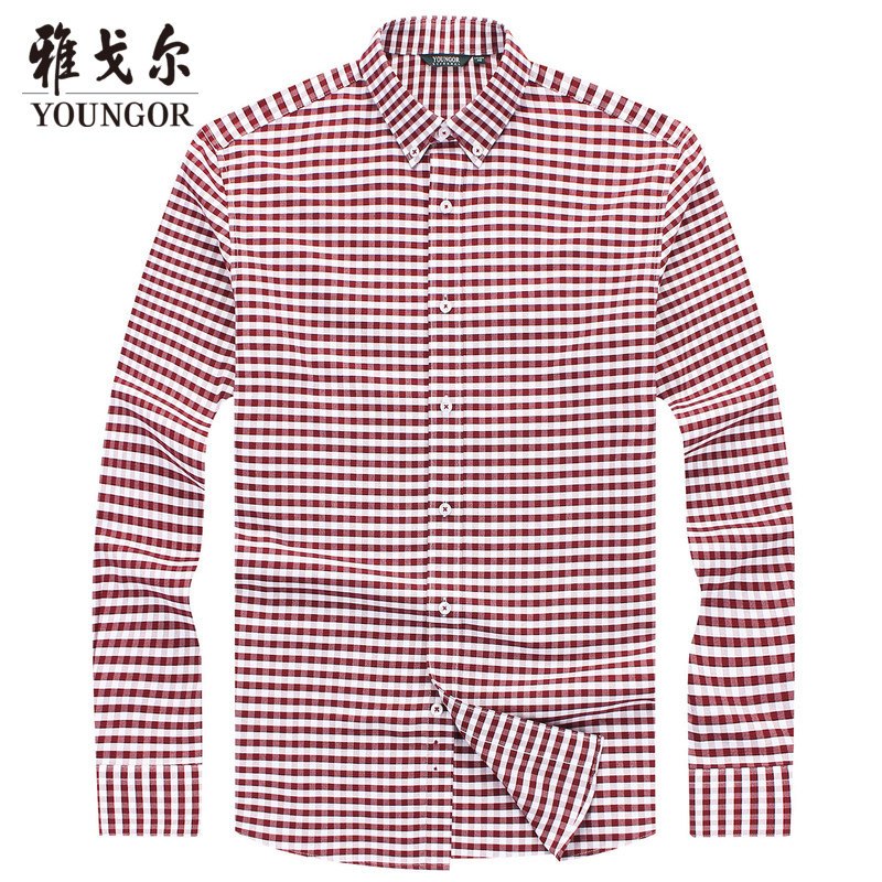 雅戈尔春秋季男士长袖免烫衬衫官方休闲宽松棉格子衬衣9036 42 红白格纹