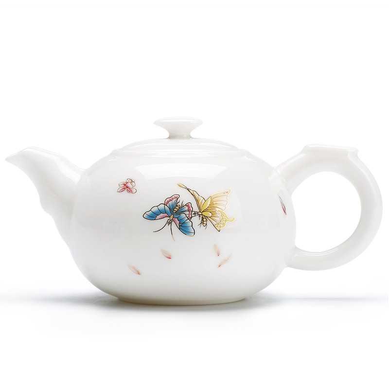 常生源 茶壶 陶瓷功夫茶具 羊脂玉白瓷品茗壶 浮雕对花 礼盒装 蝶韵茶壶220ml