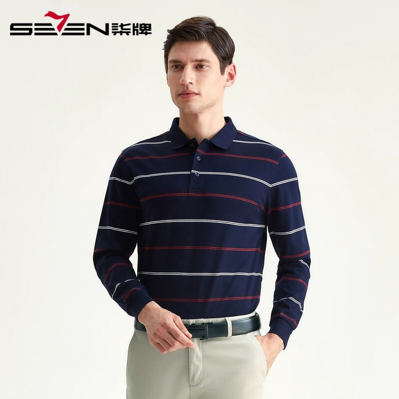 柒牌seven男装长袖polo衫男2019秋季时尚条纹男士丝光棉长袖t恤翻领