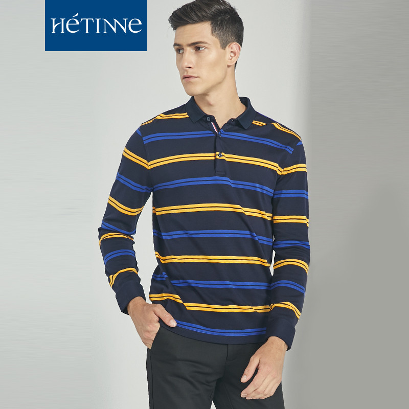 红豆旗下高端品牌轩帝尼(HETINNE)男装2019秋季新款男士T恤商务休闲条纹翻领长袖T恤男 170/88A Y1黄条纹