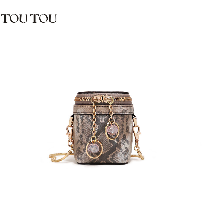 TOUTOU迷你蛇纹口红包简约百搭斜挎包链条小包包潮 砂砾色