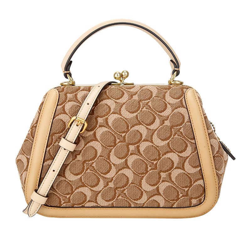 COACH 蔻驰 奢侈品 女士女生专柜款卡其色毛绒织物手提单肩斜挎包 卡其色
