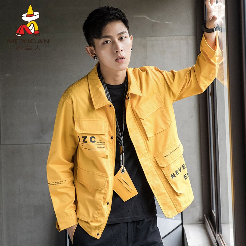 稻草人夹克男2019春秋新品多口袋工装外套青年男士翻领休闲衣服 XL 黄色