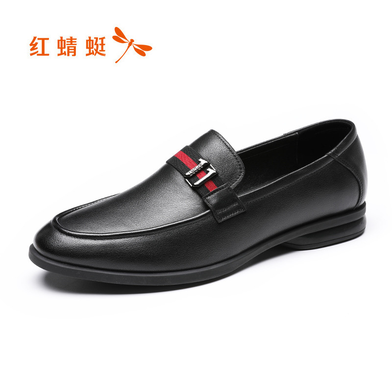 红蜻蜓男鞋2019秋新款真皮英伦潮流休闲皮鞋一脚蹬懒人鞋驾车鞋子 套脚黑色 41码