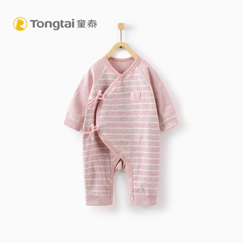 童泰秋季新款新生儿衣服婴儿系带连体衣0-3个月男女宝宝条纹哈衣 52cm 粉色