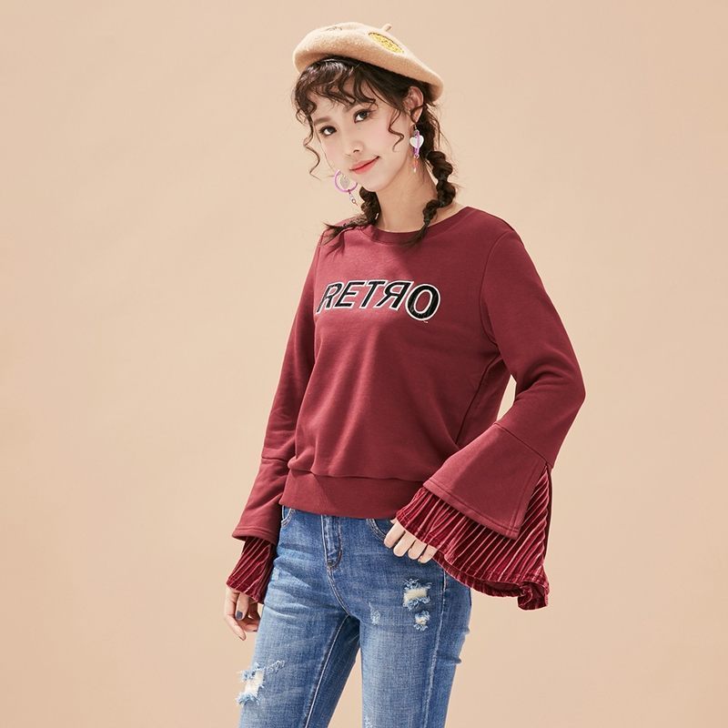 美特斯邦威港风卫衣女丝绒复古冬装打底衫百搭喇叭袖上衣 155/80A 黛红