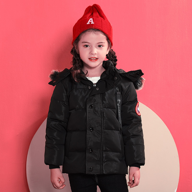 2019秋冬新款P14男女童小孩中小童加厚毛领白鸭绒羽绒服外套 140cm 黑色